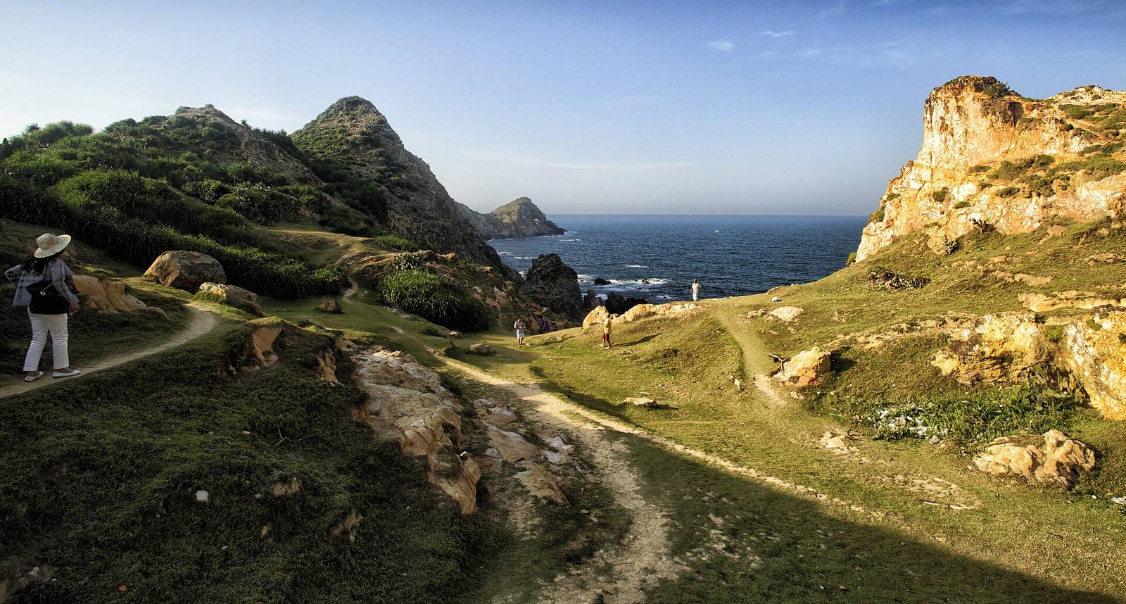 Grassy paths winding between golden rock cliffs and green hills to the blue sea at Eo Gio near Quy Nhon on a sunny day
