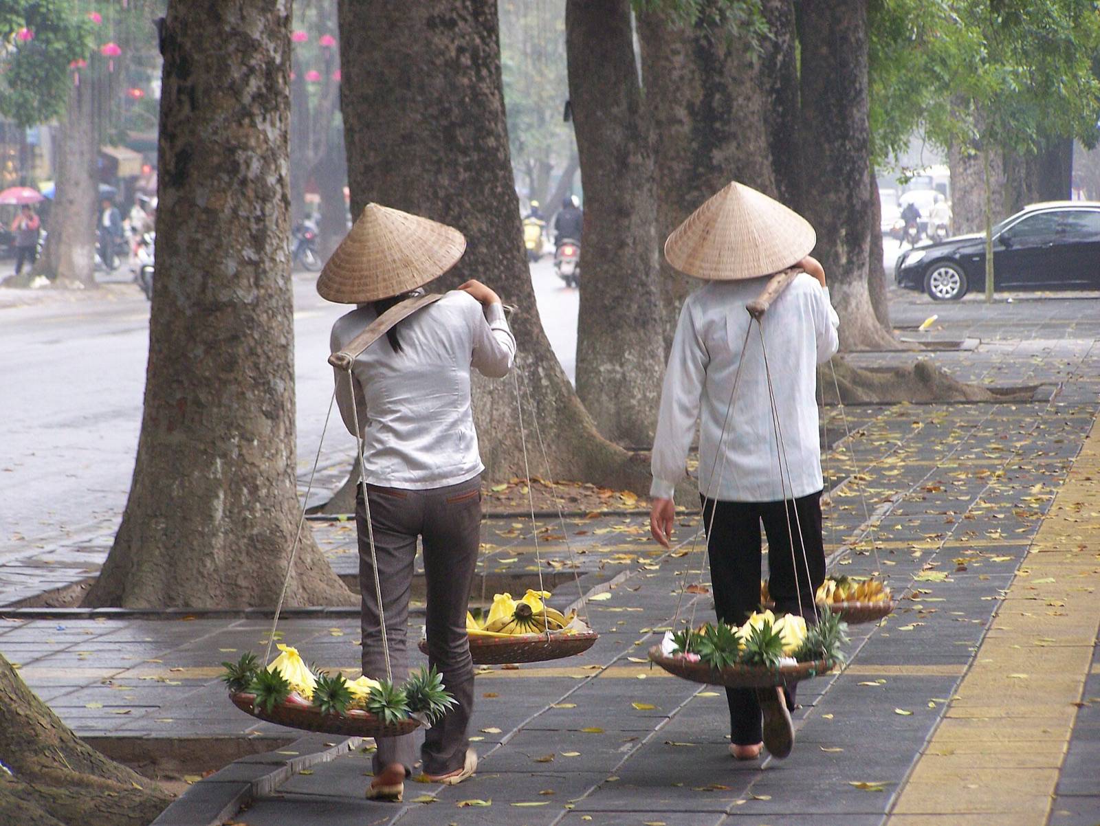 Two street vendors in conical leaf hats carry baskets of pineapples and bananas on shoulder poles along a tree-lined Hanoi sidewalk