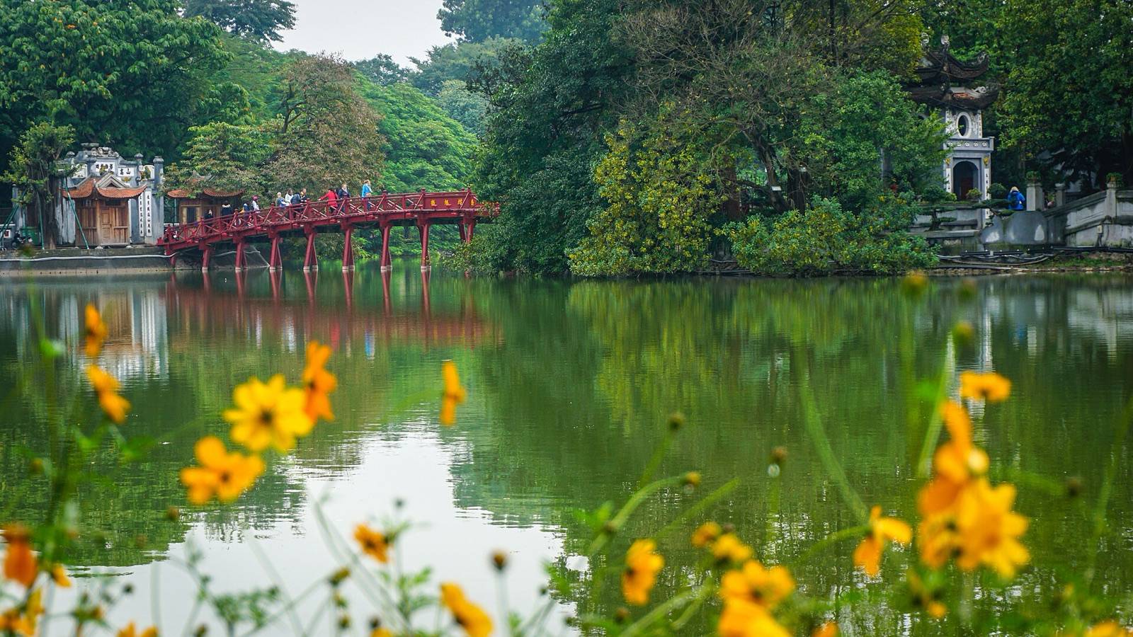 The red The Huc Bridge crossing Hoan Kiem Lake to Ngoc Son Temple in Hanoi on a bright day, with yellow flowers in the foreground