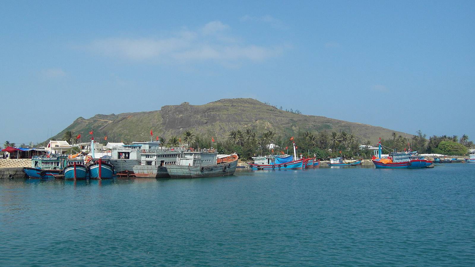 Blue fishing boats and larger wooden vessels moored in the harbor at An Vinh on Ly Son island, below a green volcanic hill on a clear day