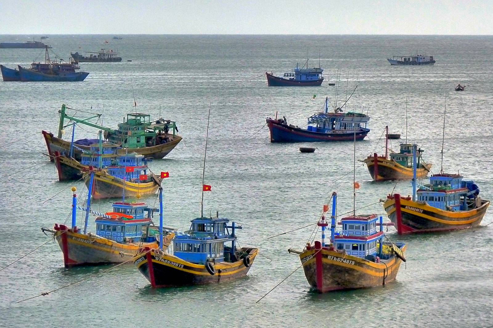 Blue and yellow wooden fishing boats moored in the bay at Mui Ne on a bright morning, with small round basket boats among them